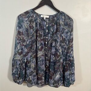 Fever Blue Ice Sheer Blouse L Women’s Boho Paisley Button Front Top
